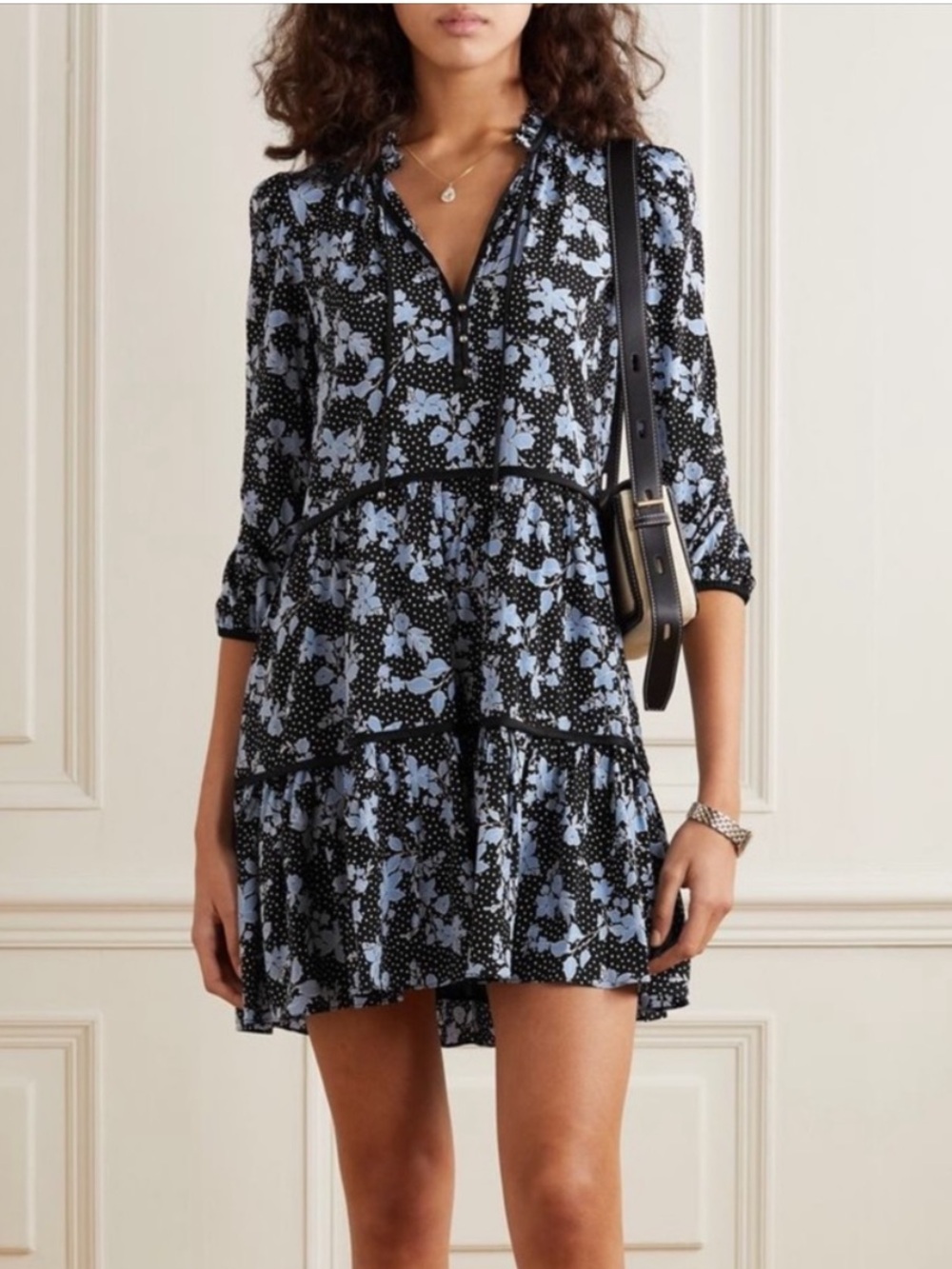 Veronica Beard Black Mini Dress with Light Blue Floral Print
